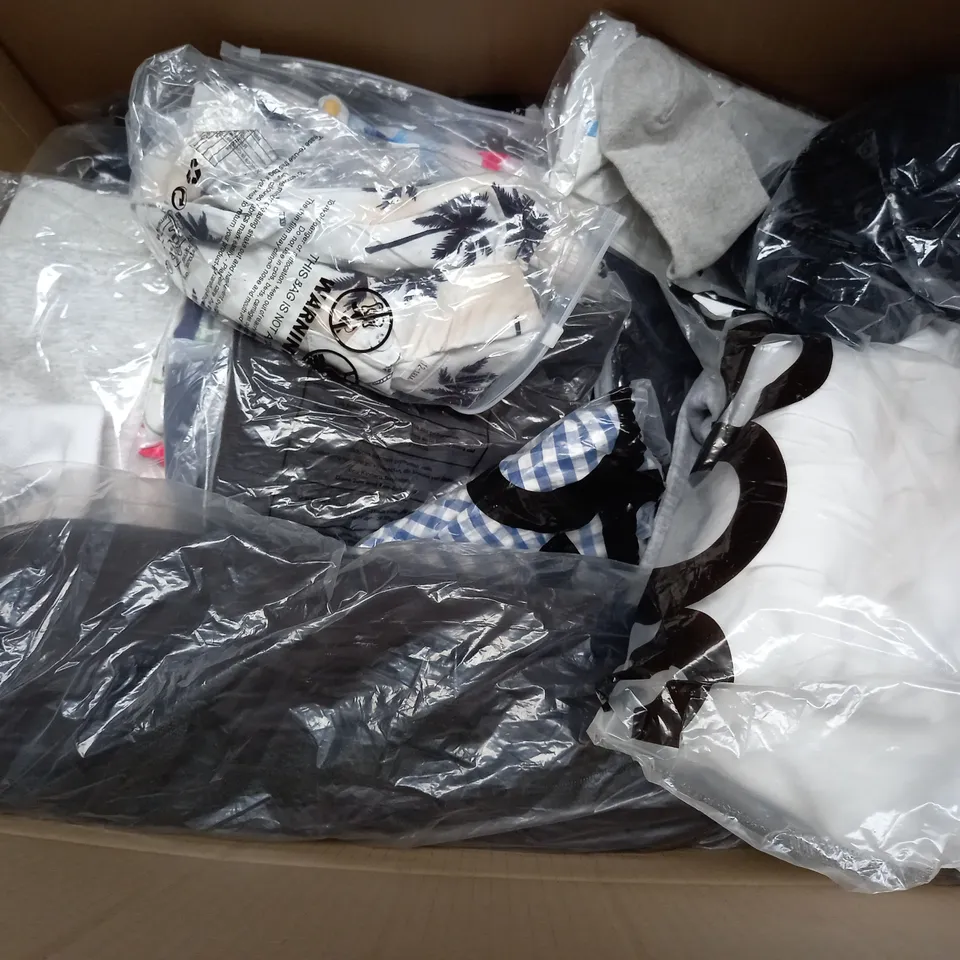 BOX OF APPROXIMATELY 20 ASSORTED CLOTHING ITEMS TO INCLUDE - SOCKS , SHORTS , T-SHIRT ETC