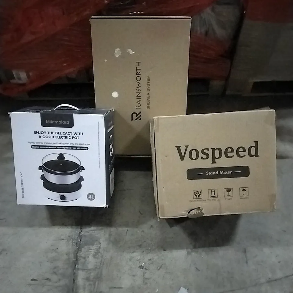 PALLET OF HOUSEHOLD ITEMS TO INCLUDE SPLIT TYPE ELECTRIC POT, SHOWER SYSTEM,  STAND MIXER AND OTHER ASSORTED ITEMS...