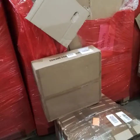 PALLET OF ASSORTED HOUSEHOLD GOODS AND PRODUCTS TO INCLUDE;CAT LITTER BOX,CEILING FAN WITH LIGHT,STEAMER