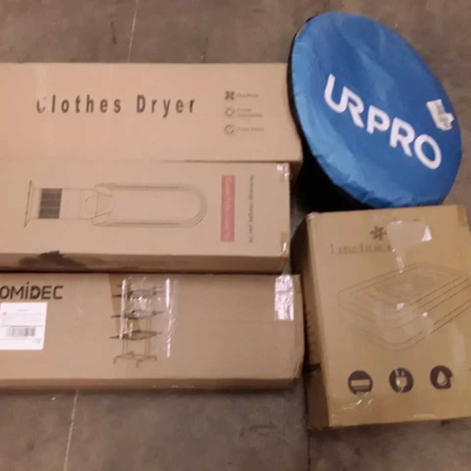 PALLET OF ASSORTED PRODUCTS INCLUDING HOMIDEC DRYING RACK, BLADELESS PURIFIER & HEATER FAN, POP UP TENT, AIR MATTRESS, CLOTHES DRYER