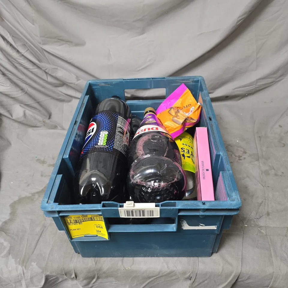 TOTE OF APPROXIMATELY 5 ASSORTED FOOD AND DRINK ITEMS TO INCLUDE RIBENA 1.5L, PEPSI MAX 2L, M&S MILK CHOCOLATE HONEYCOMB ETC