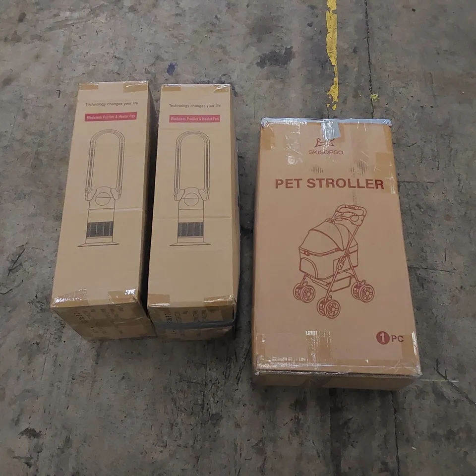 PALLET OF ASSORTED HOUSEHOLD ITEMS AND CONSUMER PRODUCTS. INCLUDES PET STROLLERS, COOKERHOOD, BLADELESS PURIFIER AND HEATER FANS ETC