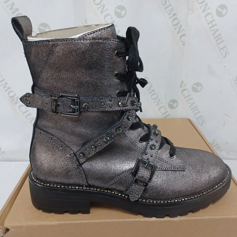 DUNE LONDON EMBELLISHED LEATHER BOOT IN PEWTER - SIZE 6