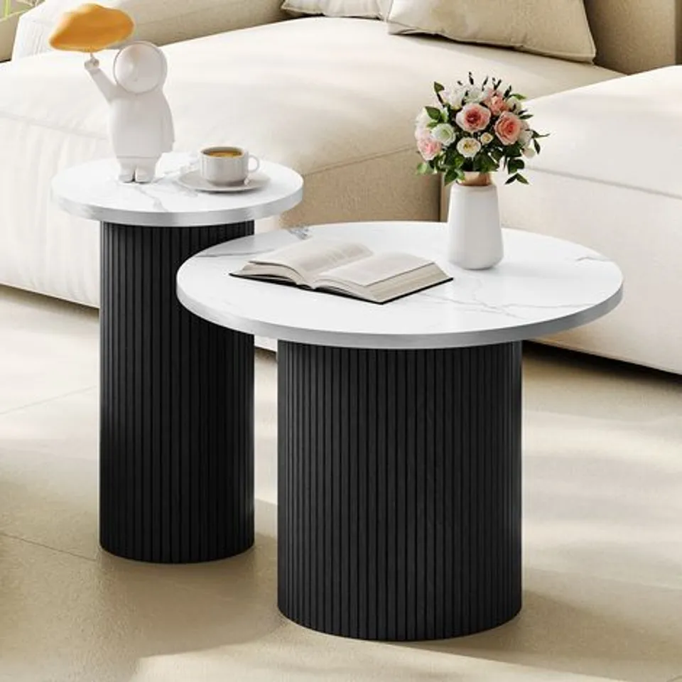 BOXED SET OF 2 ROUND NESTING COFFEE TABLES: BLACK WITH BRUSHED ALUMINUM EDGES, FLUTED DESIGN, WOODEN FRAME, AND FAUX MARBLE TABLETOP