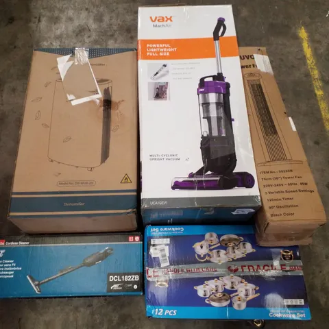 PALLET CONTAINING ASSORTED PRODUCTS INCLUDING DEHUMIDIFIER, CORDLESS CLEANER, 12PCS COOKWARE SET, TOWER FAN & MULTI-CYCLONIC UPRIGHT VACUUM