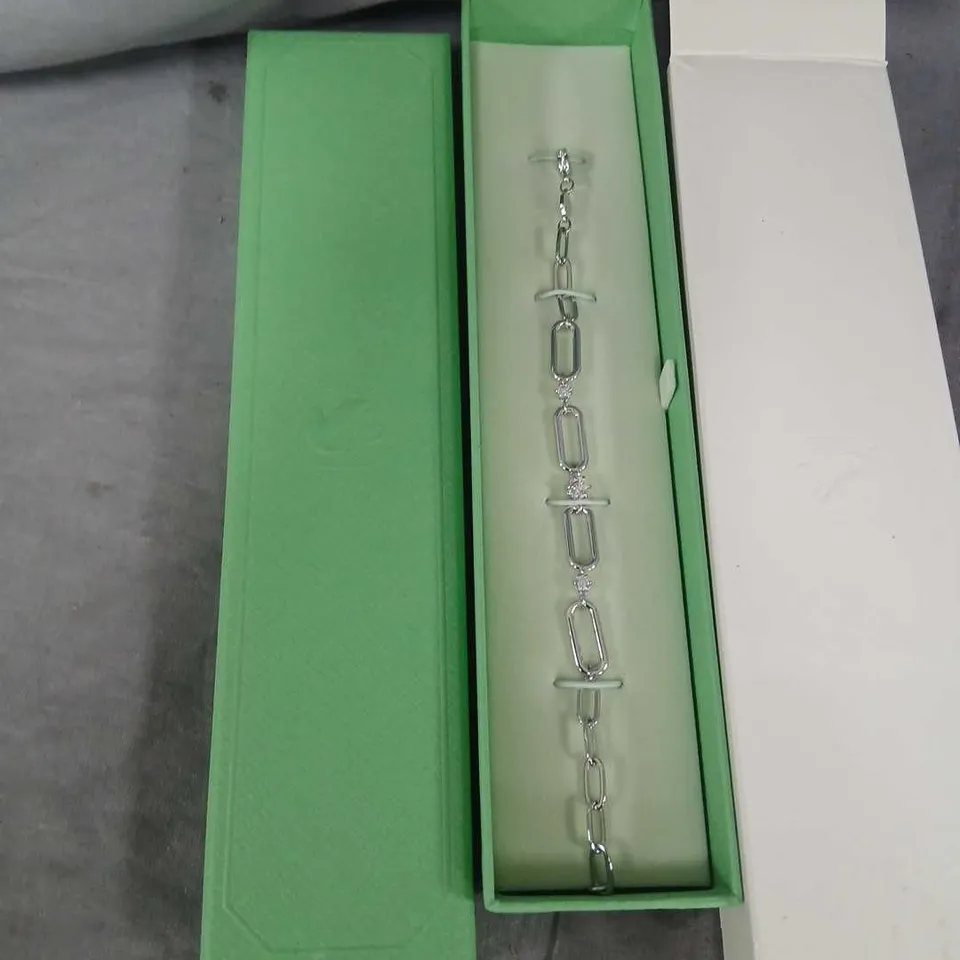SWAROVSKI SILVER-TONE BRACELET WITH RECTANGULAR LINK DESIGN – PRESENTED IN GREEN JEWELLERY BOX