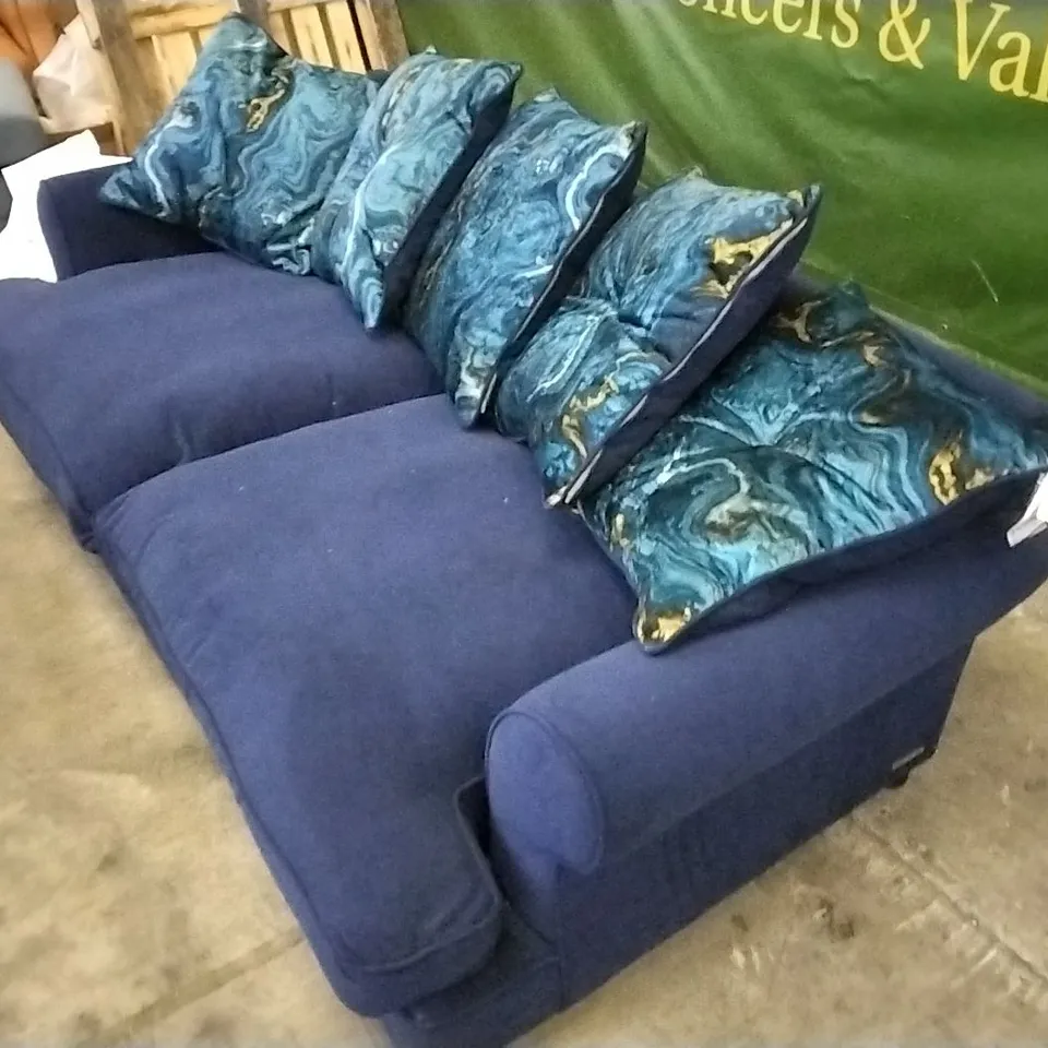 THE LOUNGE COMPANY DARK BLUE FABRIC 3 SEATER SOFA WITH SCSTTERBACK CUSHIONS