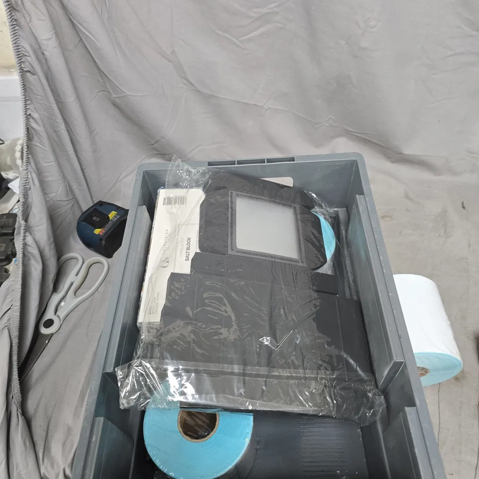 TOTE OF APPROXIMATELY 9 ASSORTED ITEMS TO INCLUDE: LABEL ROLL AND SALT BLOCK