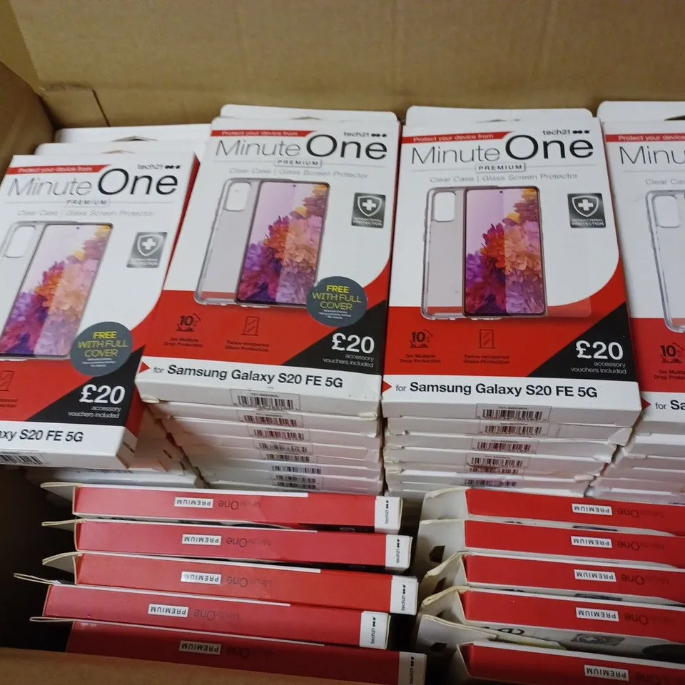 LOT OF APPROX. 96 BRAND NEW TECH21 MINUTE ONE PREMIUM CLEAR CASE FILM SCREEN PROTECTOR WITH 3M MULTIPLE DROP PROTECTION AND TRIPLE LAYER FILM PROTECTION FOR SAMSUNG GALAXY S21+ 5G