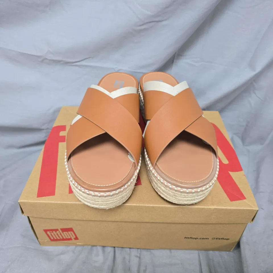 BOXED PAIR OF FITFLOP ELOISE ESPADRILLE LEATHER WEDGE CROSS SLIDES IN LIGHT TAN - UK 8