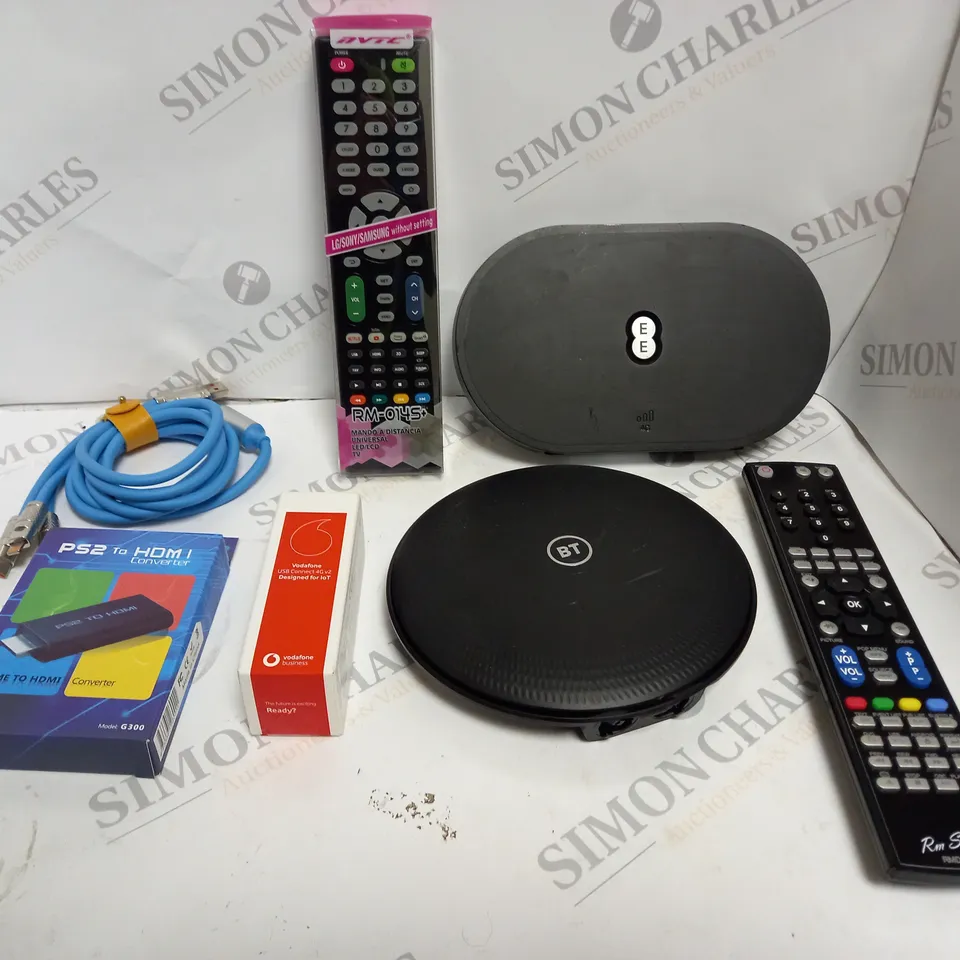 APPROXIMATELY 20 ASSORTED HOUSEHOLD ELECTRICAL ITEMS TO INCLUDE ROUTERS, NETWORK CABLES, REPLACEMENT REMOTE CONTROLS ETC 