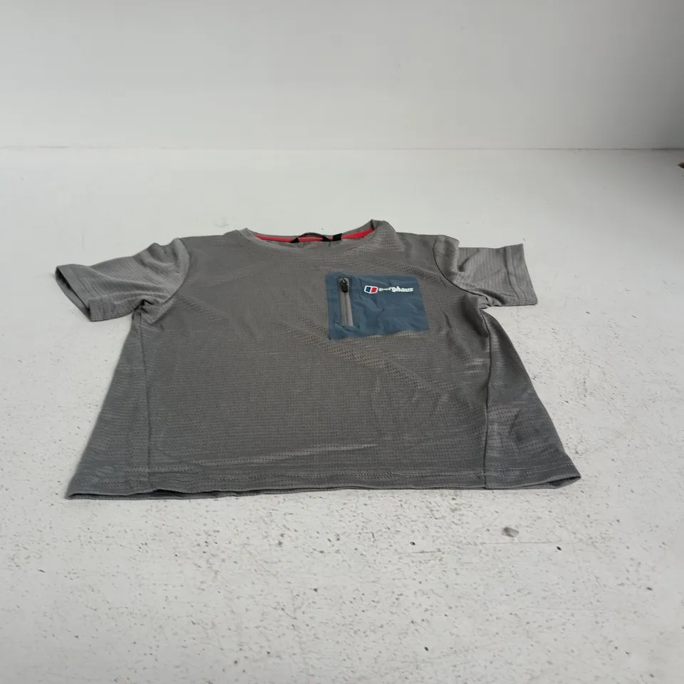BERGHAUS KIDS' T-SHIRT, GREY WITH BLUE ZIP POCKET – UK 3-4