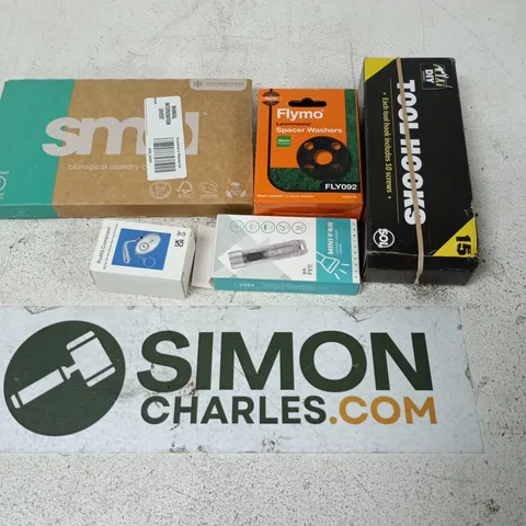 APPROXIMATELY 12 ASSORTED HOUSEHOLD ITEMS TO INCLUDE KETRING ALARM, FLYMO SPACER WASHERS, TOOL HOOKS, ETC