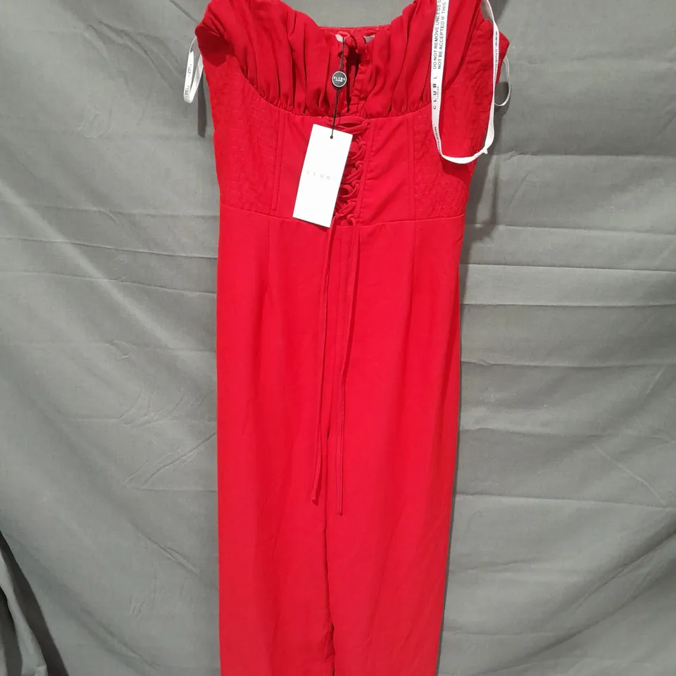 CLUB LONDON NEBBLOLO RED STRAPPY LACED CORSET JUMPSUIT IN RED - UK 10