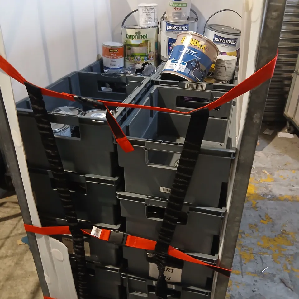 CAGE OF ASSORTED PAINT AND WOID STAIN TO INCLUDE: CUPRINOL, JOHNSTONE'S, RUSTINS, DULUX AND BONDEX