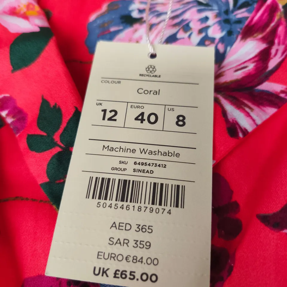 MONSOON FLORAL WRAP DRESS – CORAL PINK, UK 12
