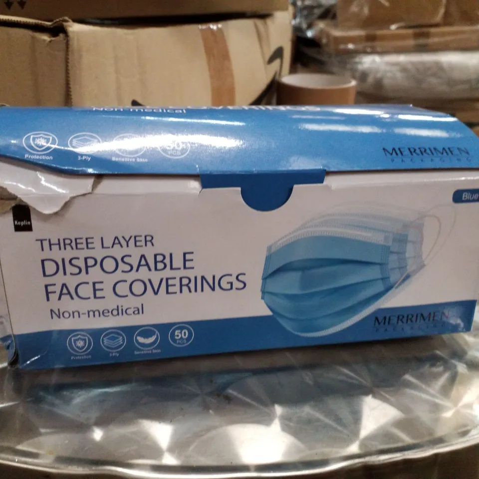 2 BOXES EACH CONTAINING 50PCS MERRIMEN 3 LAYER DISPOSABLE FACE COVERINGS