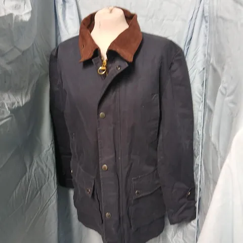 BARBOUR MEN'S WAXED JACKET, SIZE M, DARK NAVY WITH BROWN CORDUROY COLLAR