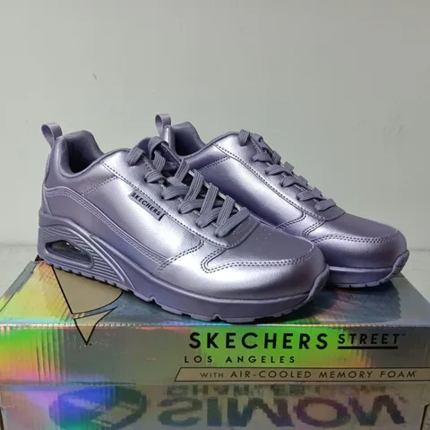BOXED PAIR OF SKECHERS STREET SNEAKERS – PURPLE/SILVER - UK SIZE 10