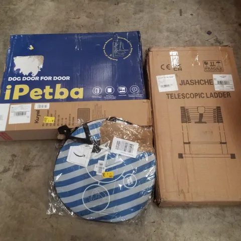 PALLET CONTAINING ASSORTED PRODUCTS INCLUDING TELESCOPIC LADDER, POP UP TENT, DOG DOOR & CHAIR MAT FOR CARPET