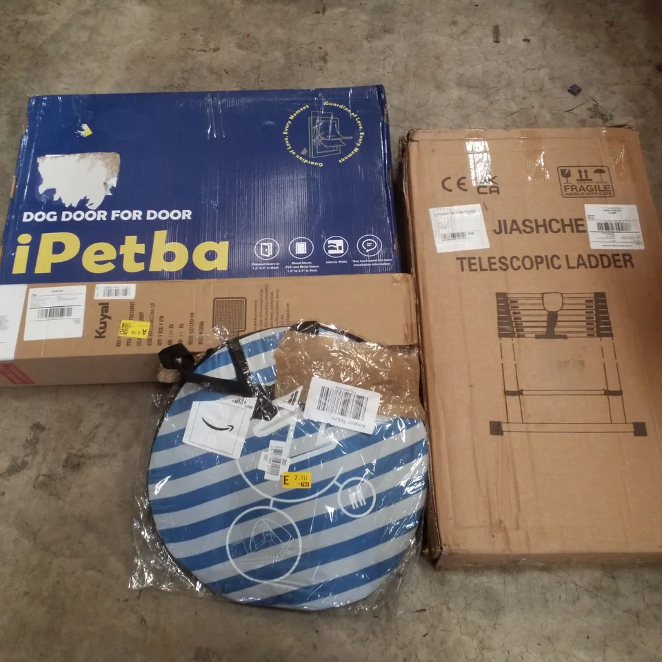 PALLET CONTAINING ASSORTED PRODUCTS INCLUDING TELESCOPIC LADDER, POP UP TENT, DOG DOOR & CHAIR MAT FOR CARPET