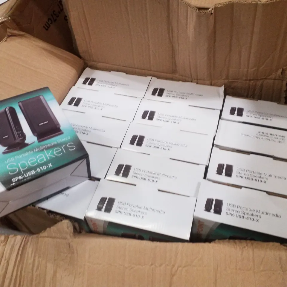 PALLET CONTAINING ASSORTED PRODUCTS INCLUDING USB PORTABLE MULTIMEDIA STEREO SPEAKERS & POWER SUPPLIES