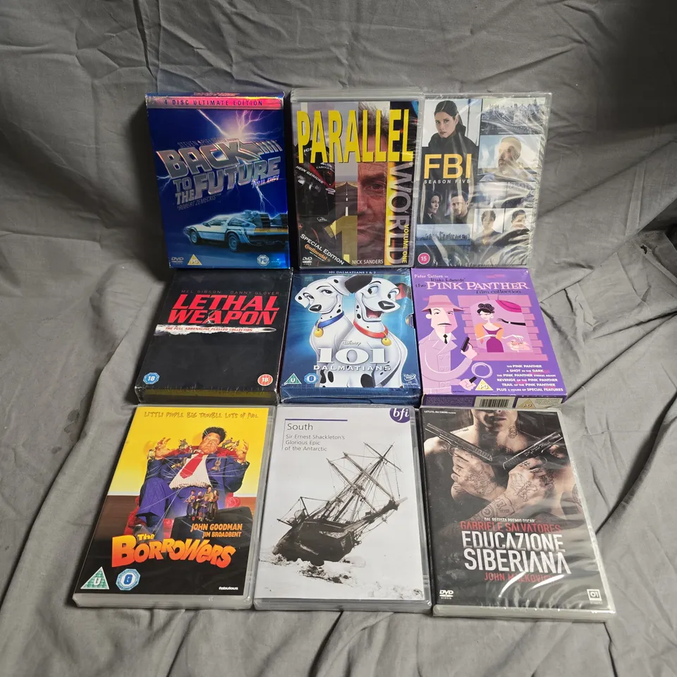 APPROXIMATELY 20 ASSORTED DVDS TO INCLUDE PINK PANTHER FILM COLLECTION, LETHAL WEAPON FULL ADRENALINE FUELLED COLLECTION, BACK TO THE FUTURE TRILOGY, ETC