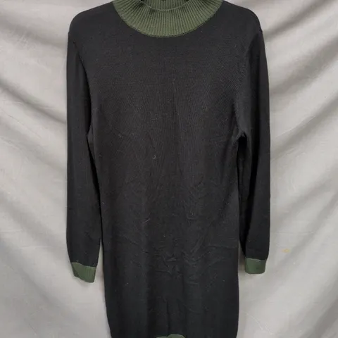 JAEGER WOMEN'S KNIT DRESS – BLACK WITH OLIVE TRIM, UK SIZE L