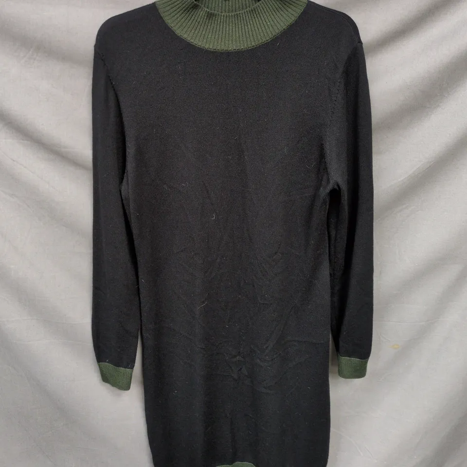 JAEGER WOMEN'S KNIT DRESS – BLACK WITH OLIVE TRIM, UK SIZE L