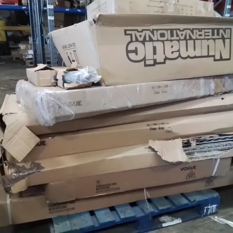 PALLET OF ASSORTED FLATPACKED PRODUCTS TO INCLUDE;SHELF UNIT,STAINLESS STEEL TABLE