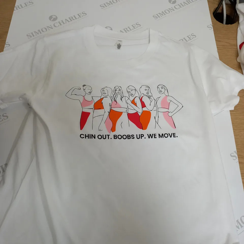 BOX OF APPROX. 5 ASSORTED AS COLOUR CUBE CHIN OUT. BOOBS UP . WE MOVE . WITH DIFFERENT SIZES TO INCLUDE - XS - M - XL ECT