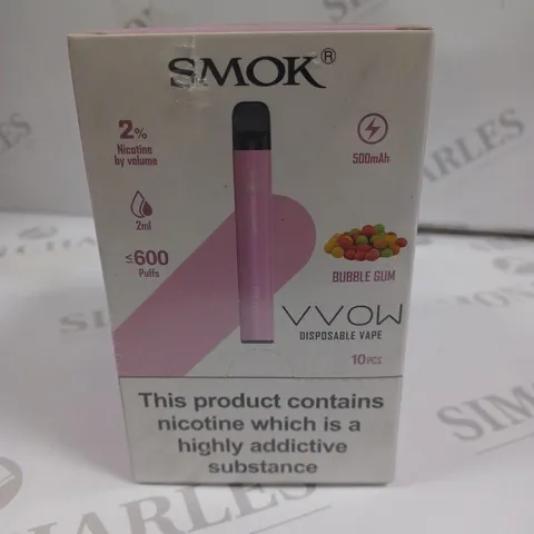SEALED SMOK VVOW 10-PACK OF DISPOSABLE VAPES - BUBBLE GUM