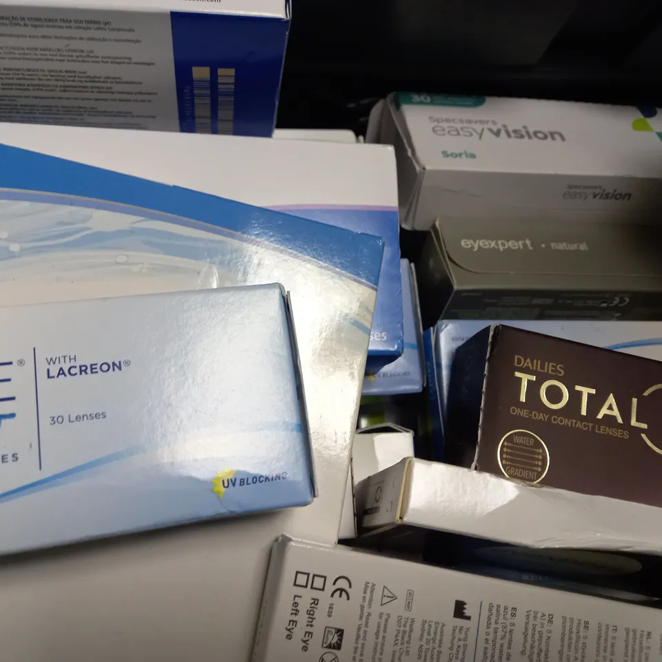 BOX OF APPROX 25 ASSORTED CONTACT LENSES AND CONTACT LENSE SOLUTIONS
