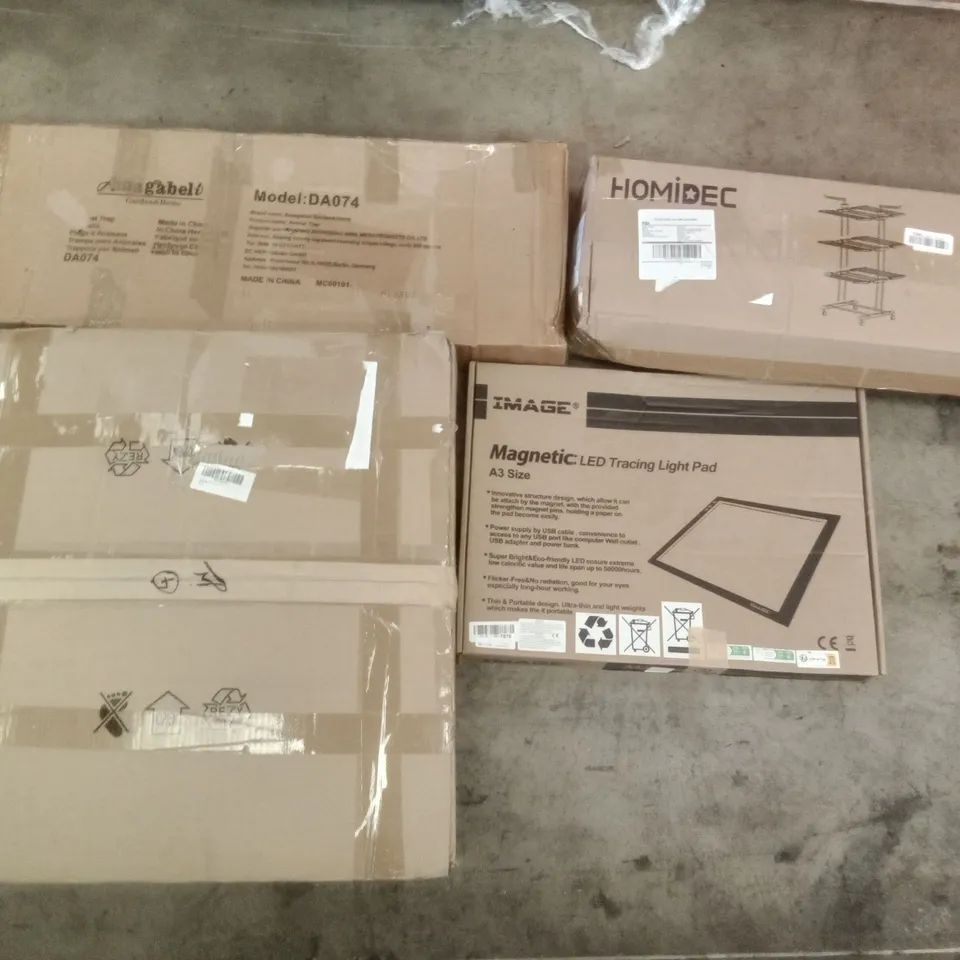 PALLET OF ASSORTED ITEMS INCLUDING LED CHANDELIER, MAGNETIC LED TRACING LIGHT PAD, HOMIDEC DRYING RACK, AMAGABELI ANIMAL TRAP