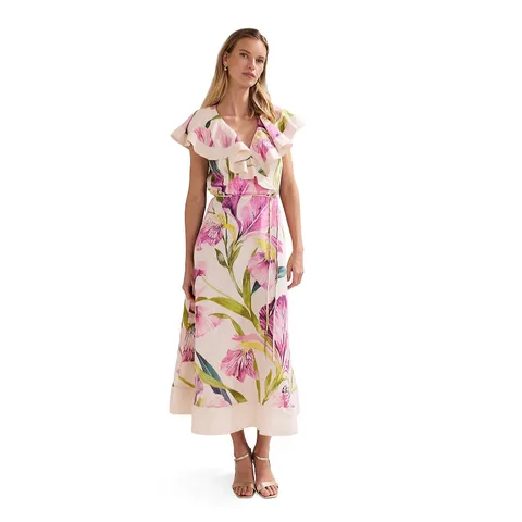 PHASE EIGHT MATLIDA FLORAL LINEN RUFFLE MIDI DRESS STANDARD SIZE 14