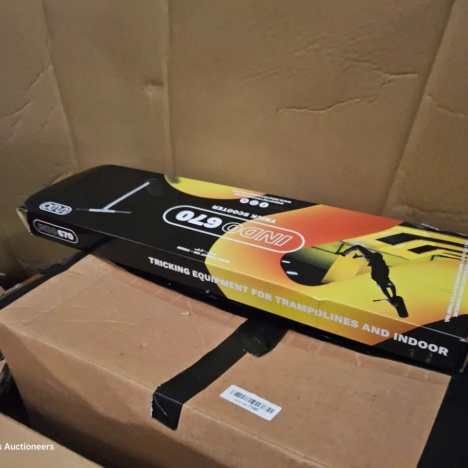 PALLET OF ASSORTED ITEMS, INCLUDING, TRICK SCOOTER, ARC FLOOR LAMP, RETRACTABLE SAFETY GATE, TOILET SEAT.