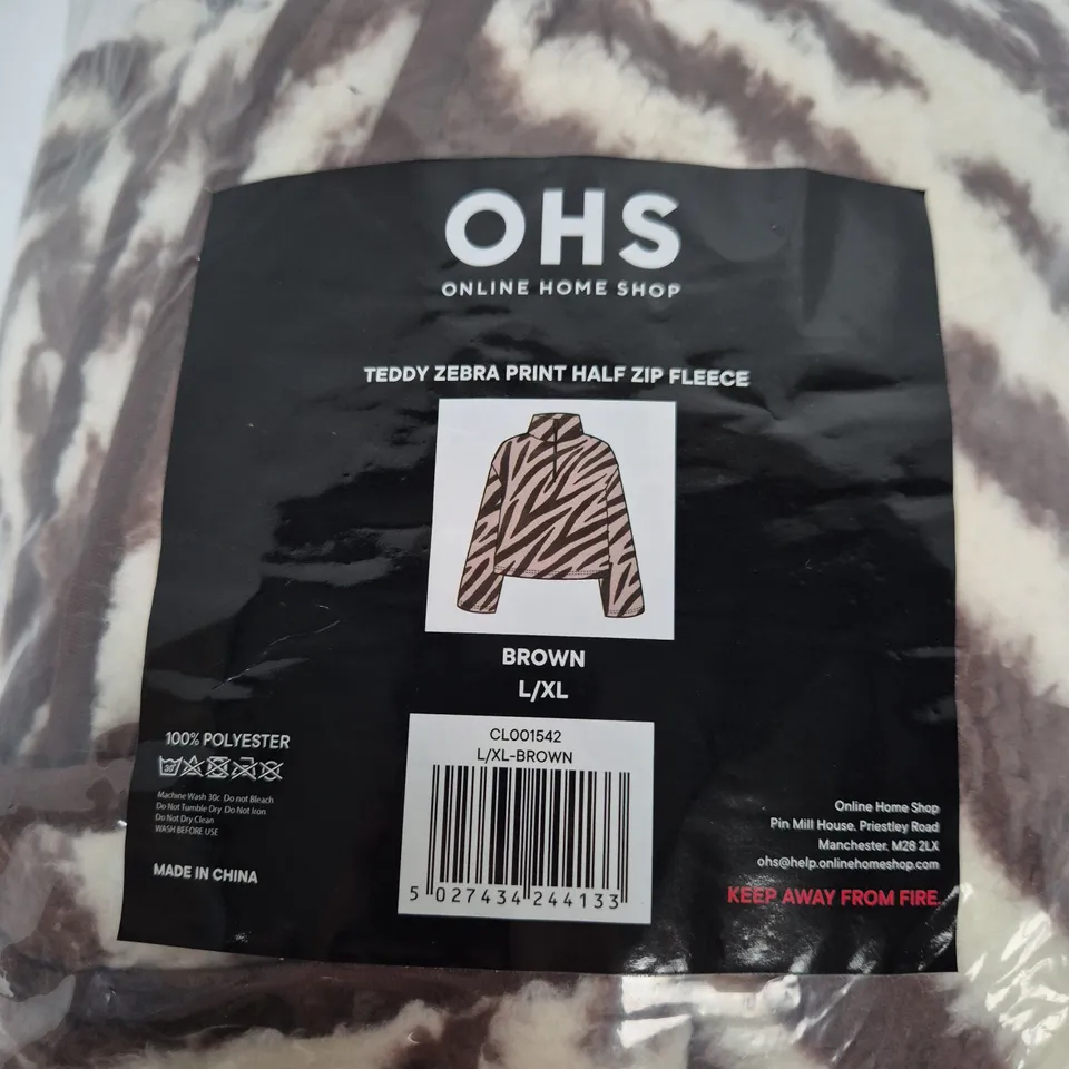 bagged ohs Teddy Zebra Print Half Zip Fleece – Brown, Size L/XL