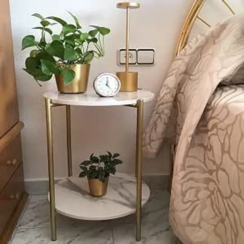 BOXED FATIVO ROUND SIDE TABLE SINTERED STONE WHITE MARBLE TOP 40.5 X 55CM GOLDEN