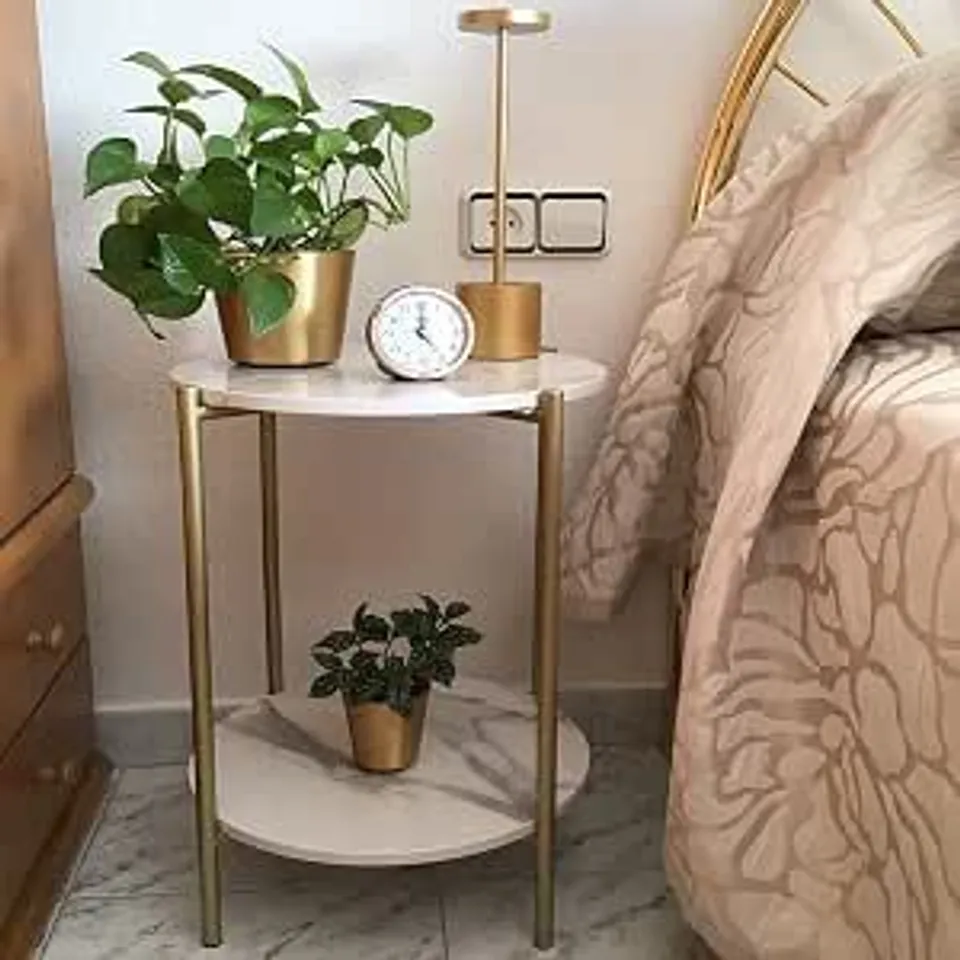 BOXED FATIVO ROUND SIDE TABLE SINTERED STONE WHITE MARBLE TOP 40.5 X 55CM GOLDEN