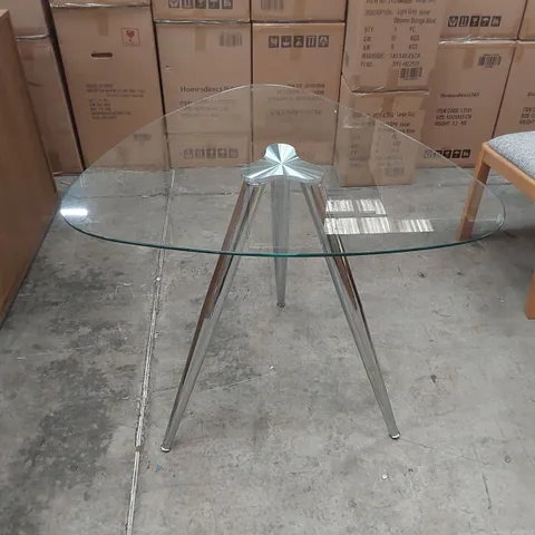 DESIGNER TRIANGULAR GLASS TOP TABLE WITH CHROME METAL TRI-POD BASE