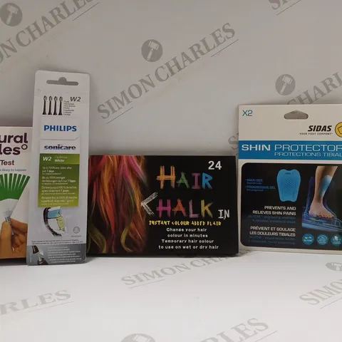 BOX OF APPROX 20 ASSORTED HEALTH AND BEAUTY ITEMS TO INCLUDE - SIDAS SHIN PROTECTORS - TEA TREE OIL - HAIR CHALK 34 POWDERS FOR HAIR ECT