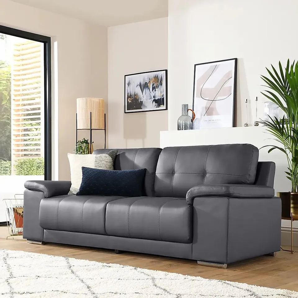 BOXED KANSAS GREY LEATHER 3 SEATER SOFA