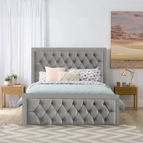 BAGGED LILLIAS VELVET OTTOMAN BED - 5FT KING SIZE, GREY (4 ITEMS)