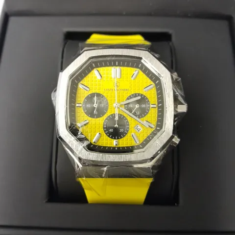 MENS LOUIS LACOMBE YELLOW DIAL CHRONGRAPH WATCH WITH 3 SUB DIALS AND STAINLESS STEEL CASE WITH YELLOW RUBBER STRAP IN GIFT BOX