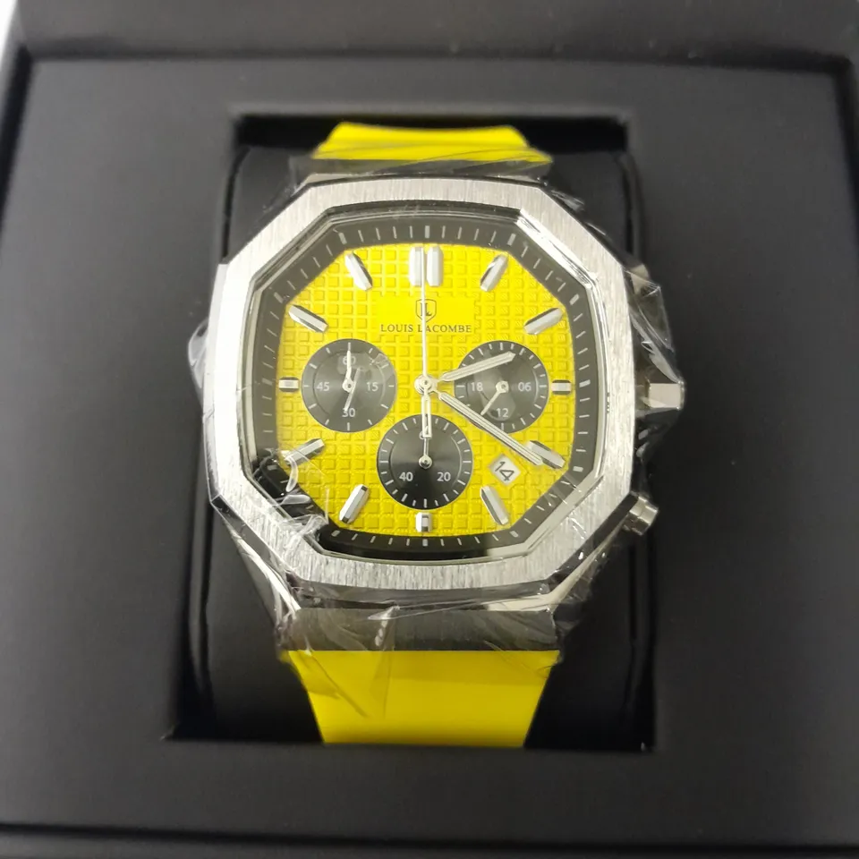 MENS LOUIS LACOMBE YELLOW DIAL CHRONGRAPH WATCH WITH 3 SUB DIALS AND STAINLESS STEEL CASE WITH YELLOW RUBBER STRAP IN GIFT BOX
