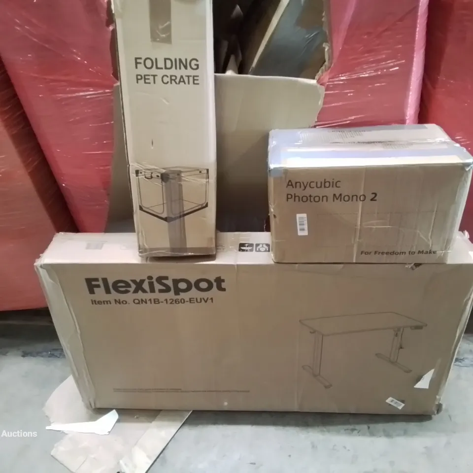 PALLET OF VARIOUS ASSORTED BOXED HOUSEHOLD ITEMS TO INCLUDE. FLEXISPOT DESK, FOLDING PET CRATE, ANYCUBIC PHOTON MONO 2 ETC.