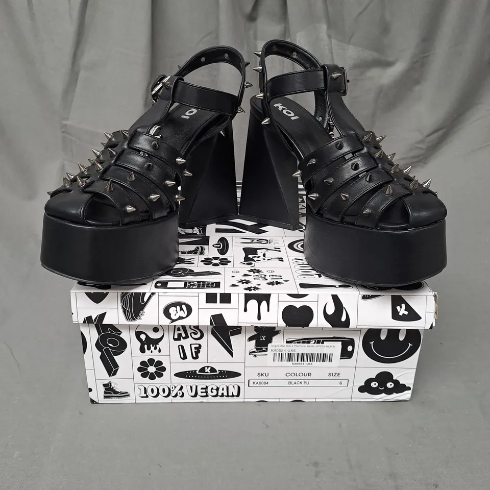 BOXED PAIR OF KOI VEGAN ANGEL MIST PLATFORM HEELS IN BLACK UK SIZE 6