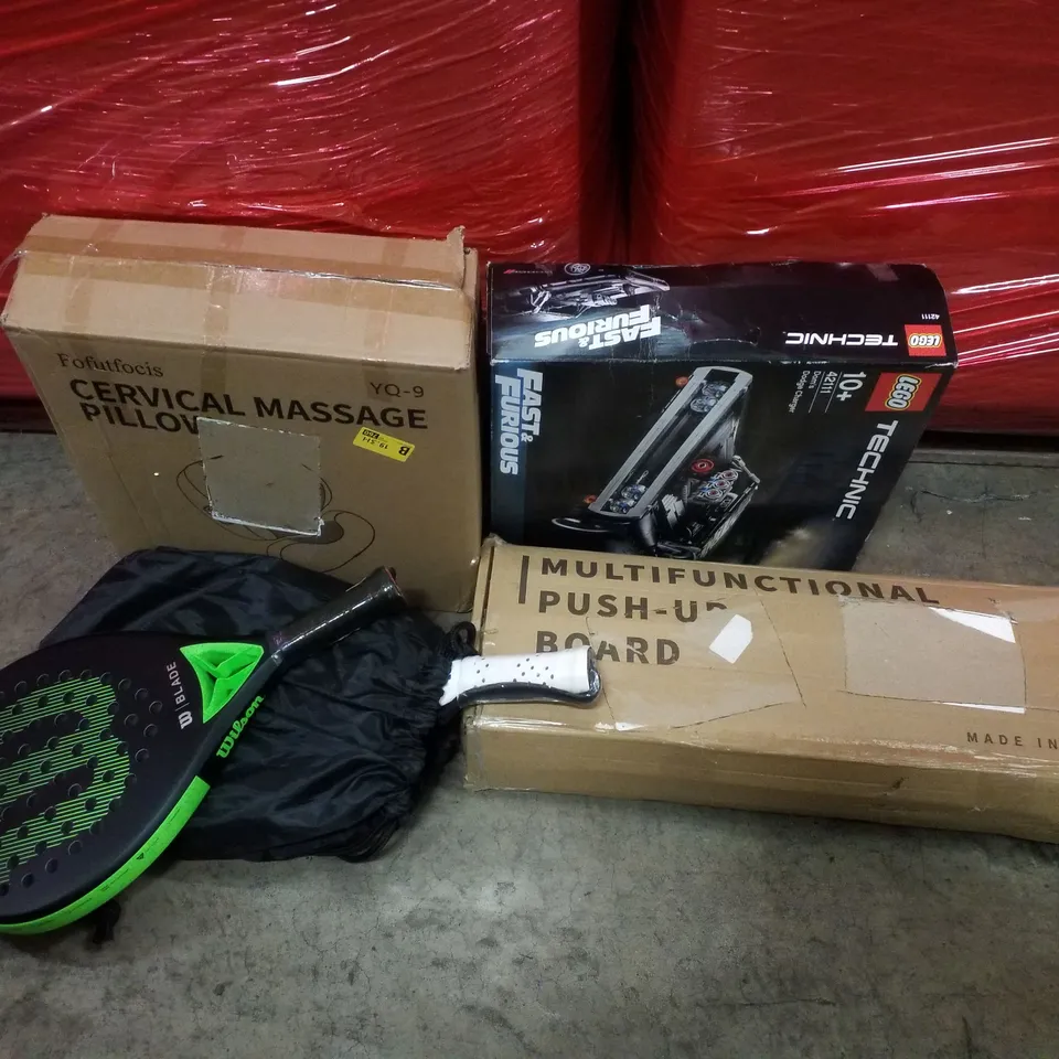 PALLET CONTAINING ASSORTED PRODUCTS INCLUDING MULTIFUNCTIONAL PUSH-UP BOARD, CERVICAL MASSAGE PILLOW, LEGO TECHNIC FAST&FURIOUS & WILSON BLADE PADDLE RACKET