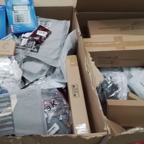 PALLET CONTAINING VARIOUS ASSORTED BOXED HOUSEHOLD ITEMS TO INCLUDE: ELECTRONIC CALCULATORS, CANVAS BAGS, CLOTHING, CELEBRATION CONFETTI AND LOTS MORE UNMARKED BOXED ITEMS