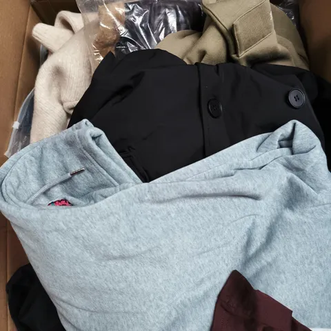 LARGE BOX OF APPROXIMATELY 25 ASSORTED CLOTHING ITEMS IN VARIOUS COLOURS, STYLES AND SIZES - COLLECTION ONLY